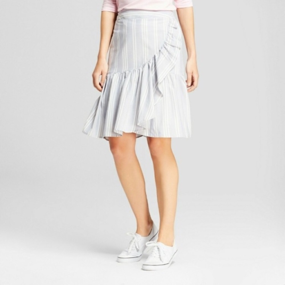 Ruffle Knee Length Skirt Light Blue White Striped